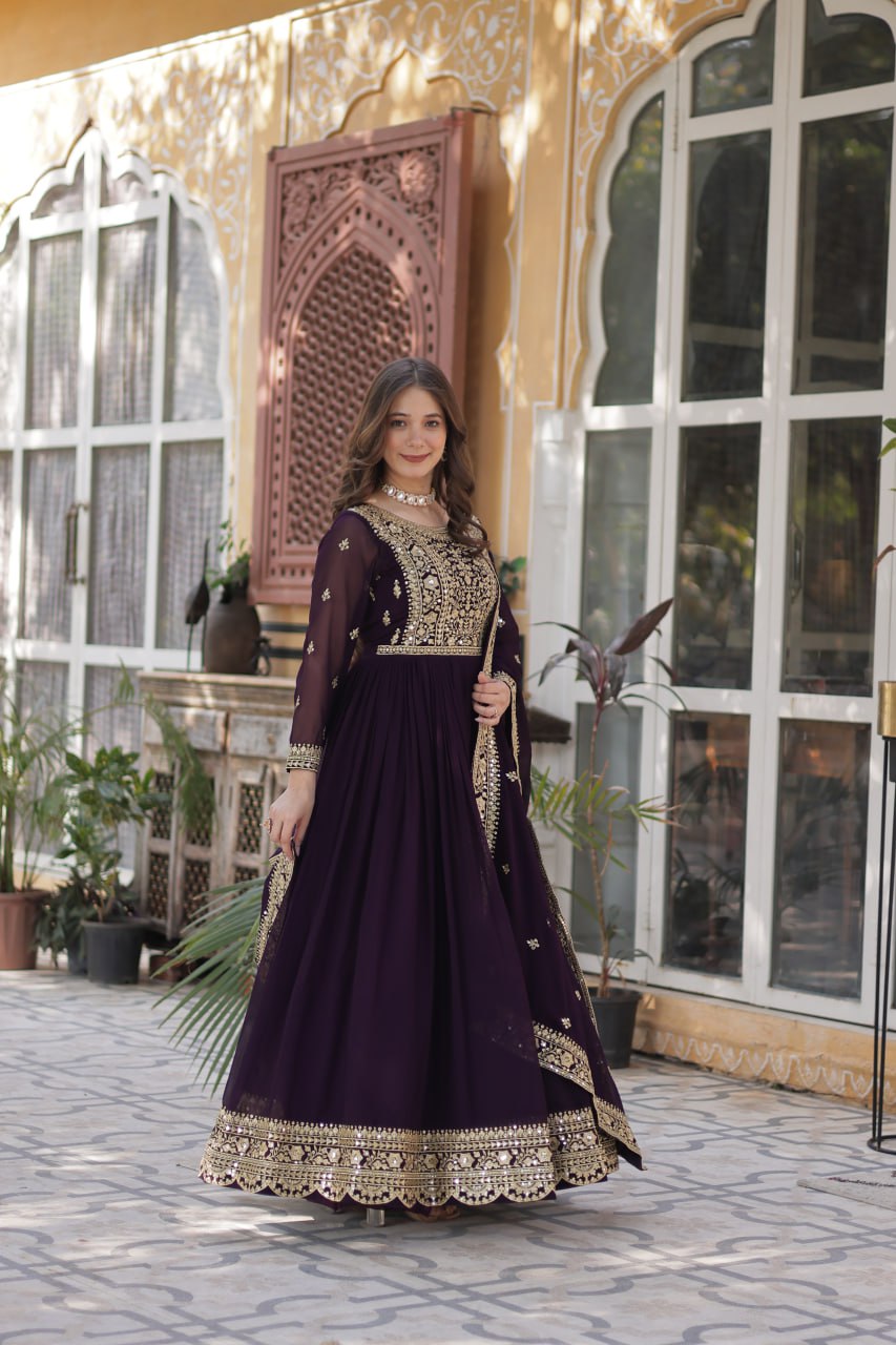 Function Wear Heavy Embroidery Zari Sequins Work Dark Purple Color Gown