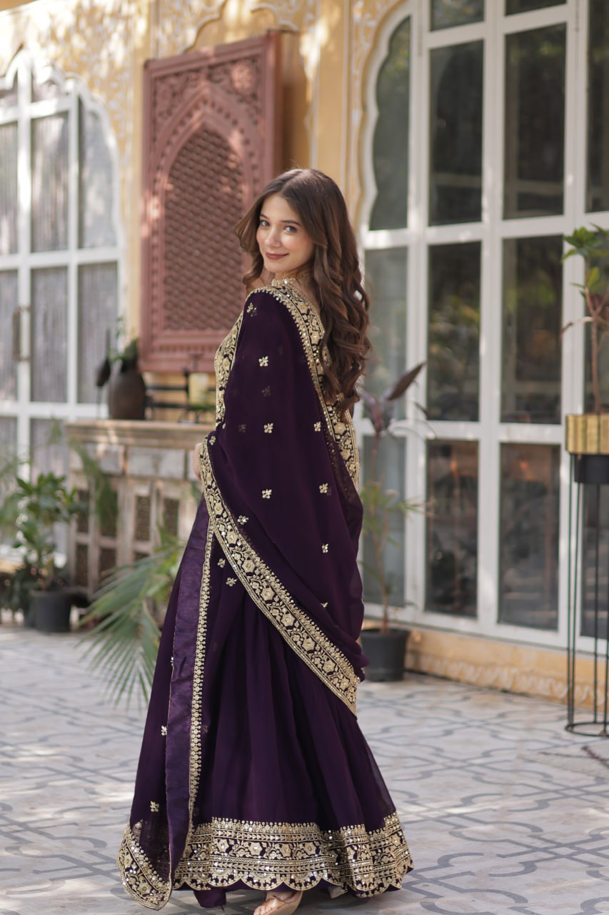 Function Wear Heavy Embroidery Zari Sequins Work Dark Purple Color Gown