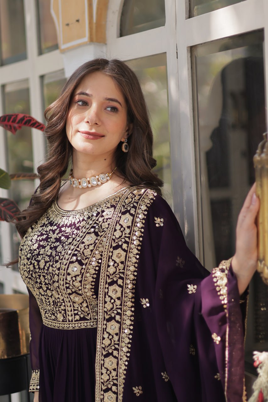 Function Wear Heavy Embroidery Zari Sequins Work Dark Purple Color Gown