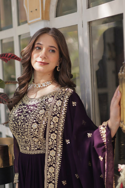 Function Wear Heavy Embroidery Zari Sequins Work Dark Purple Color Gown
