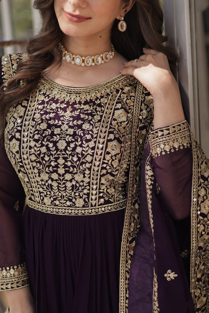Function Wear Heavy Embroidery Zari Sequins Work Dark Purple Color Gown