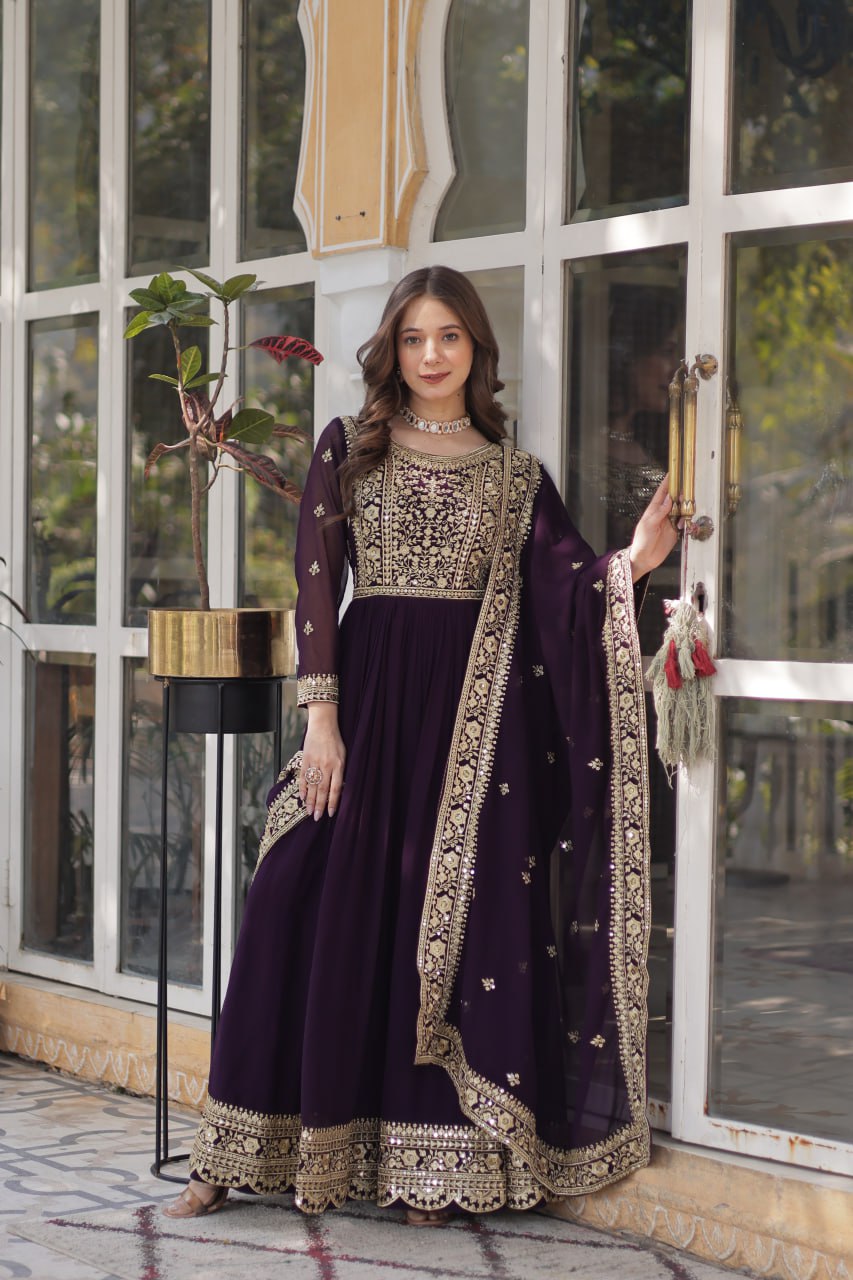 Function Wear Heavy Embroidery Zari Sequins Work Dark Purple Color Gown