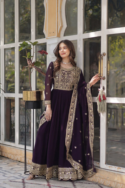 Function Wear Heavy Embroidery Zari Sequins Work Dark Purple Color Gown