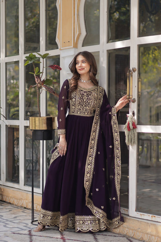 Function Wear Heavy Embroidery Zari Sequins Work Dark Purple Color Gown