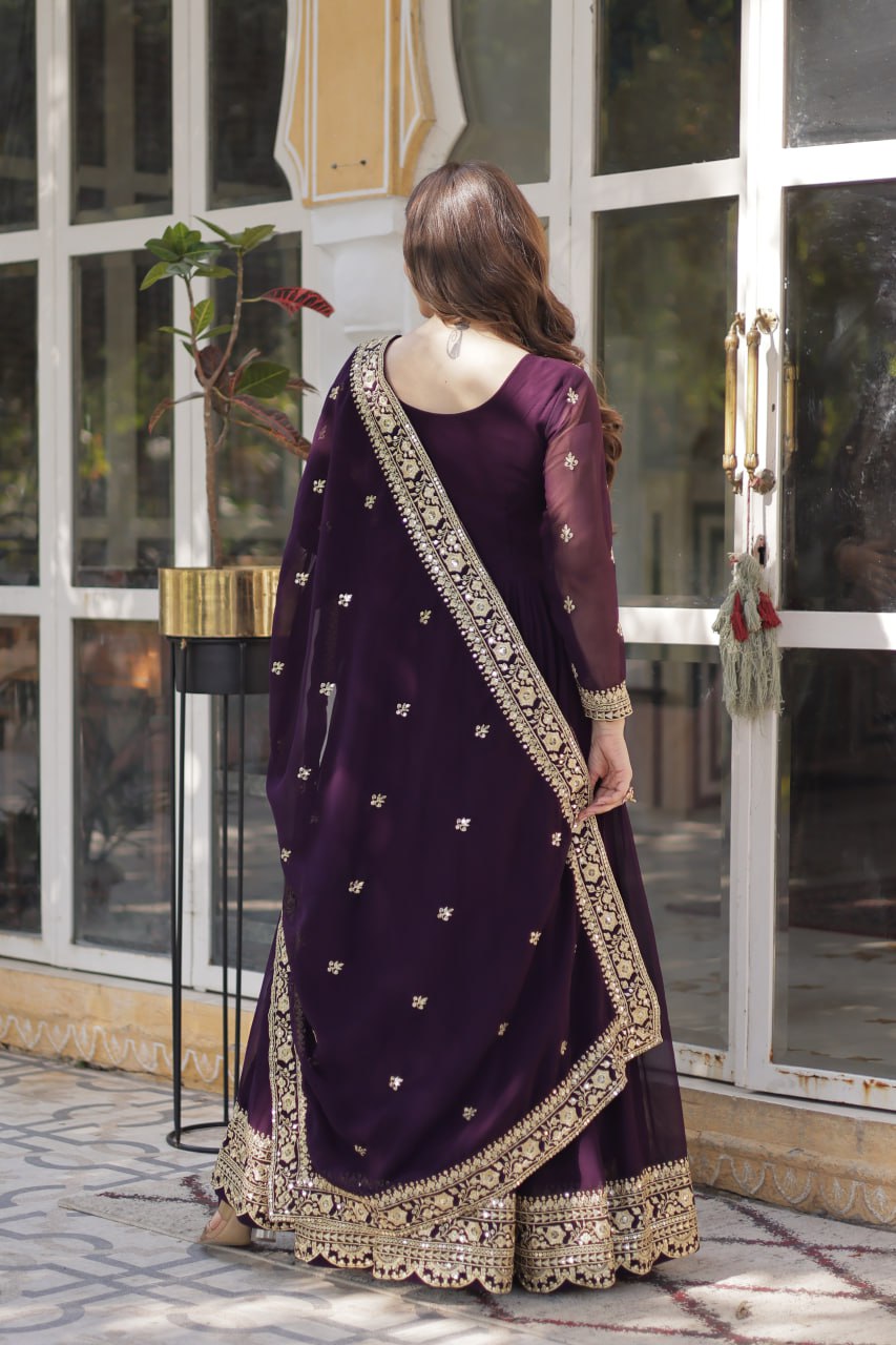 Function Wear Heavy Embroidery Zari Sequins Work Dark Purple Color Gown