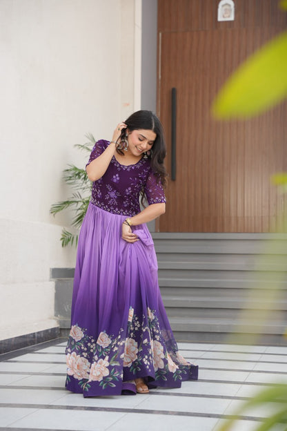 New Party Code Designer Premium Floral Pedding Digital Print Dress Light Purple Color