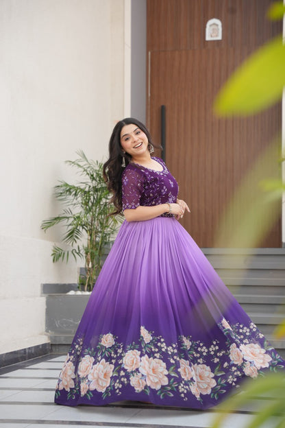 New Party Code Designer Premium Floral Pedding Digital Print Dress Light Purple Color