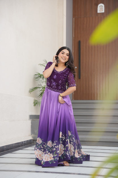 New Party Code Designer Premium Floral Pedding Digital Print Dress Light Purple Color