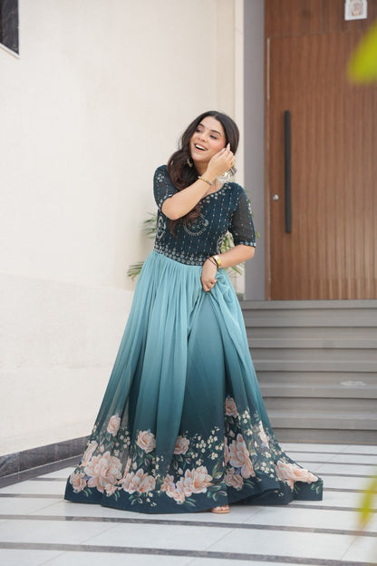 New Party Code Designer Premium Floral Pedding Digital Print Dress Dark Blue Color