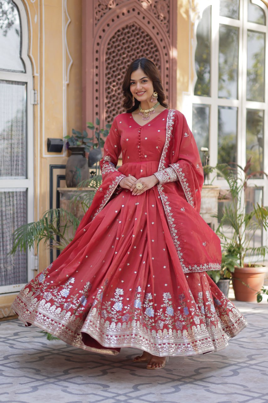 Foil Embroidery Zari Sequins-work red color