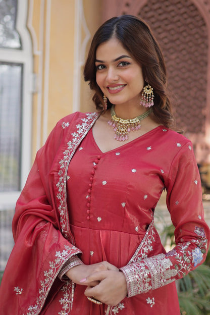 Foil Embroidery Zari Sequins-work red color