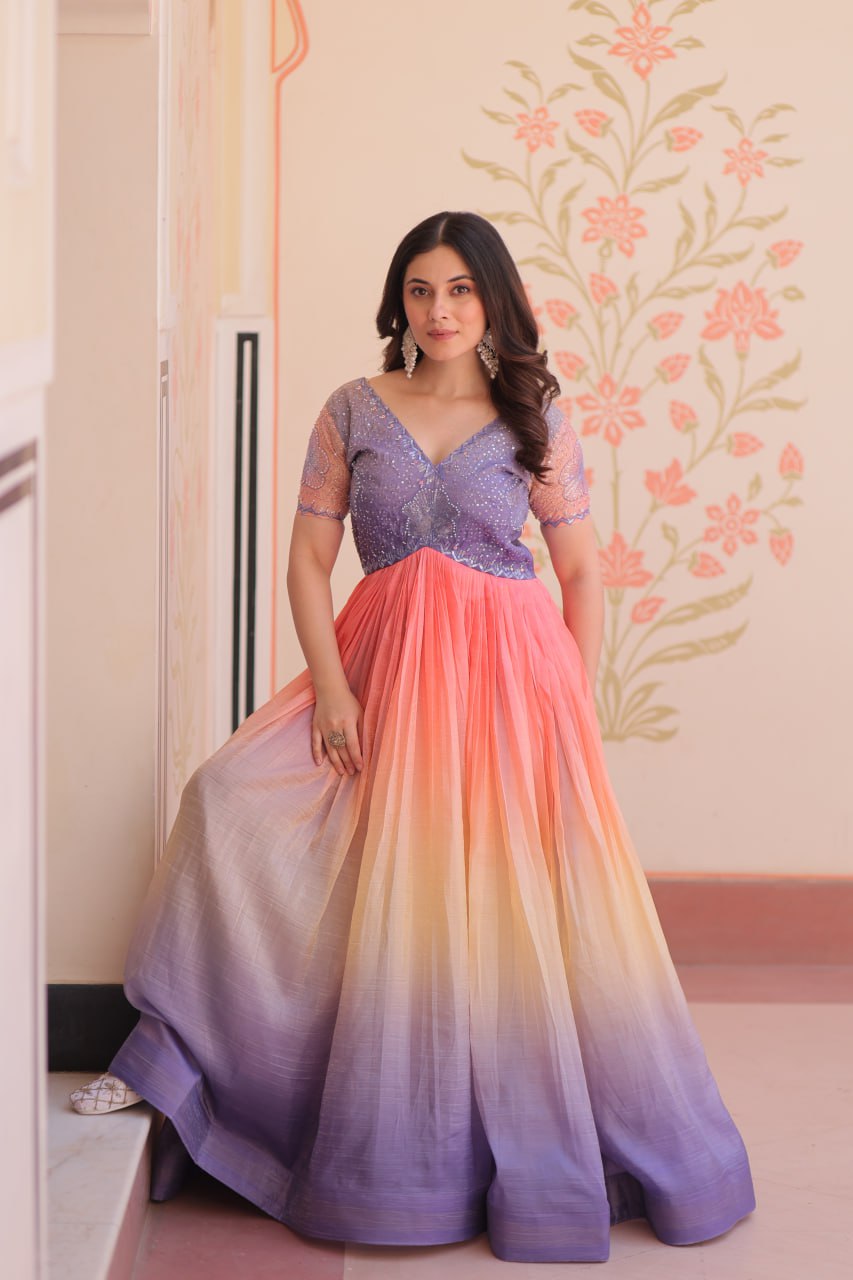 Gold Light Purple Color Crush Padding With Beads Embroidered Work