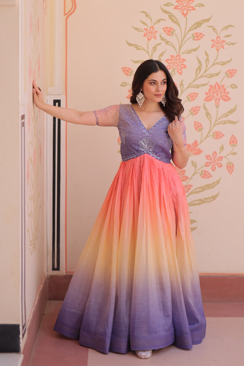 Gold Light Purple Color Crush Padding With Beads Embroidered Work