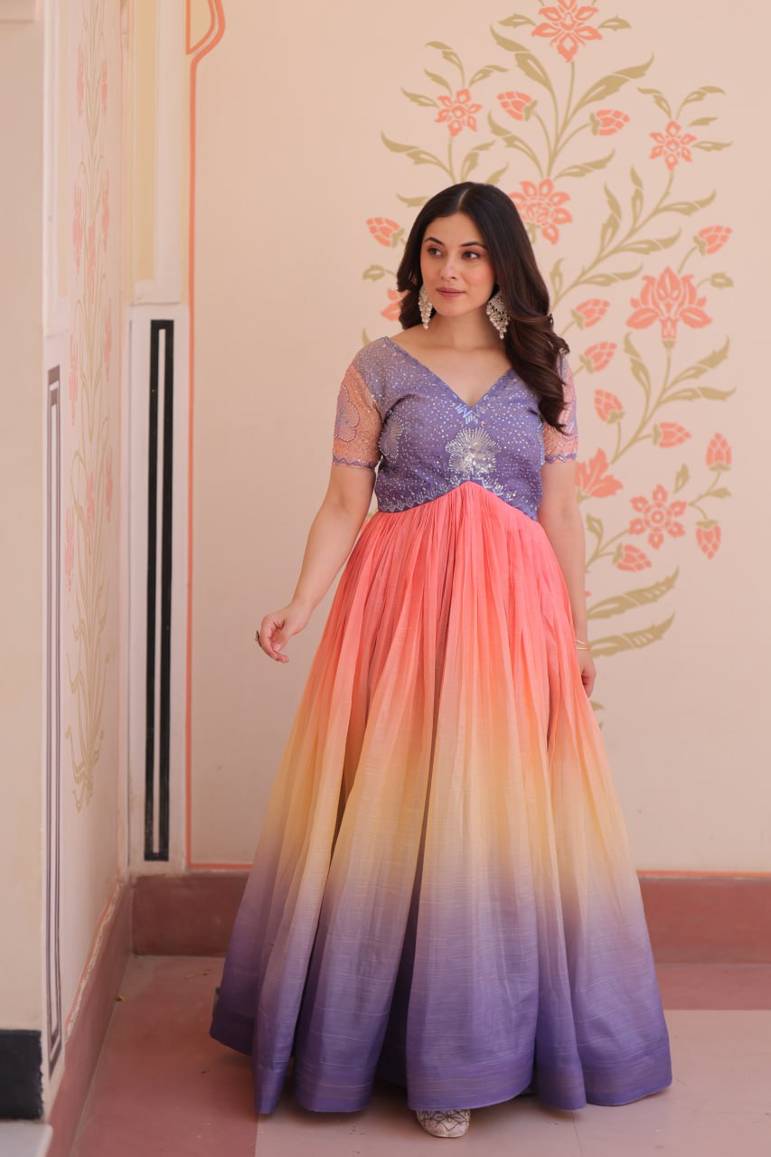 Gold Light Purple Color Crush Padding With Beads Embroidered Work