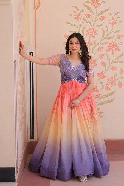 Gold Light Purple Color Crush Padding With Beads Embroidered Work 