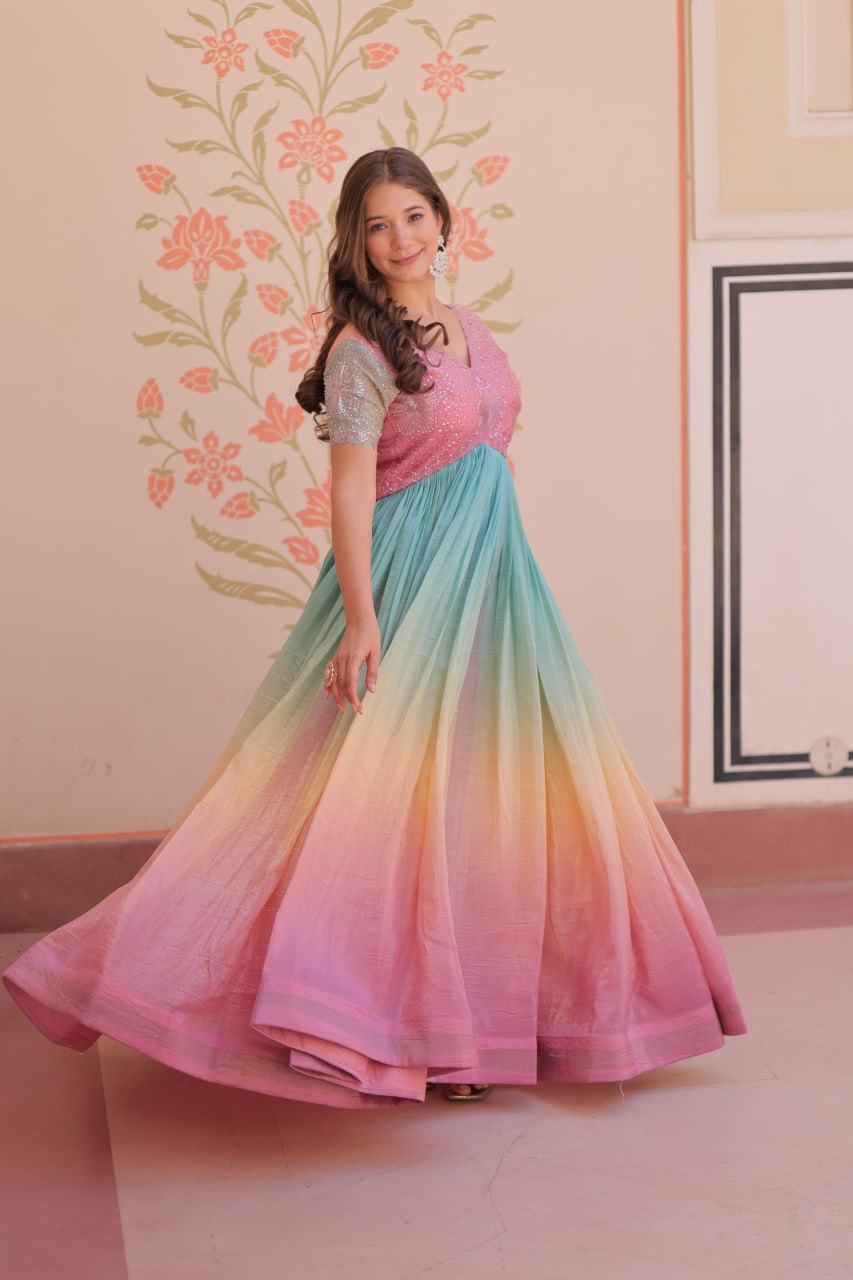 Gold Light Pink Color Crush Padding With Beads Embroidered Work 