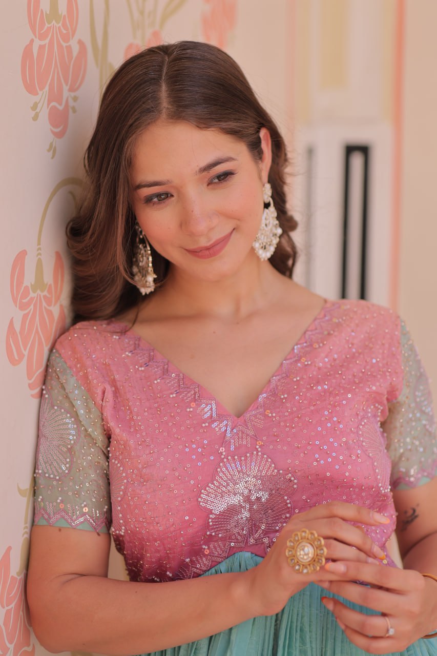 Gold Light Pink Color Crush Padding With Beads Embroidered Work 