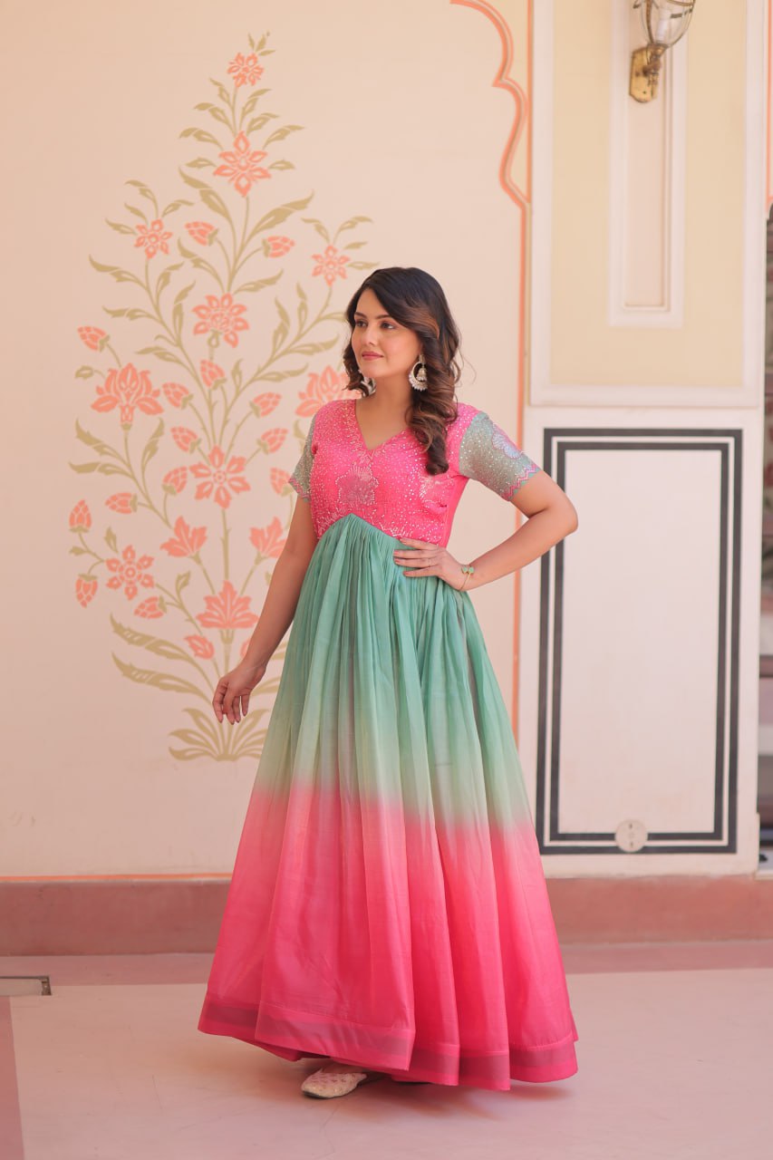 Gold Pink Color Crush Padding With Beads Embroidered Work 