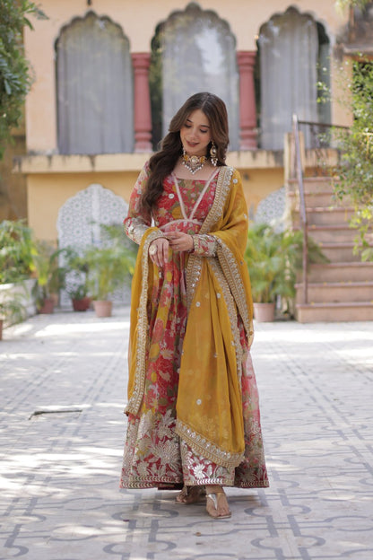 Digital Printed Russian silk With Foil Embroidery Zari Sequins-work Light Pink Color