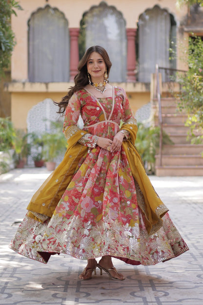 Digital Printed Russian silk With Foil Embroidery Zari Sequins-work Light Pink Color
