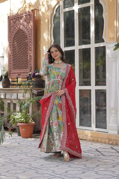 Digital Printed Russian silk With Foil Embroidery Zari Sequins-work Pista Green Color