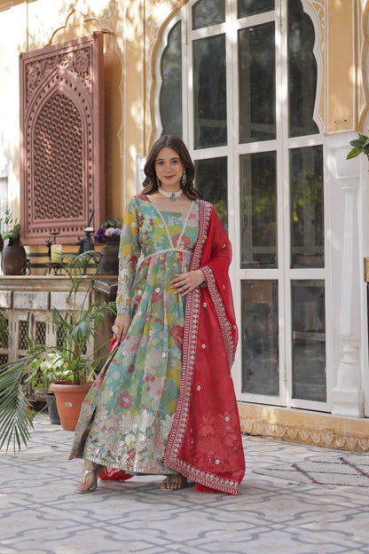 Digital Printed Russian silk With Foil Embroidery Zari Sequins-work Pista Green Color