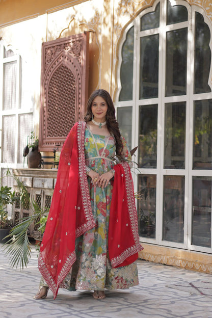 Digital Printed Russian silk With Foil Embroidery Zari Sequins-work Pista Green Color