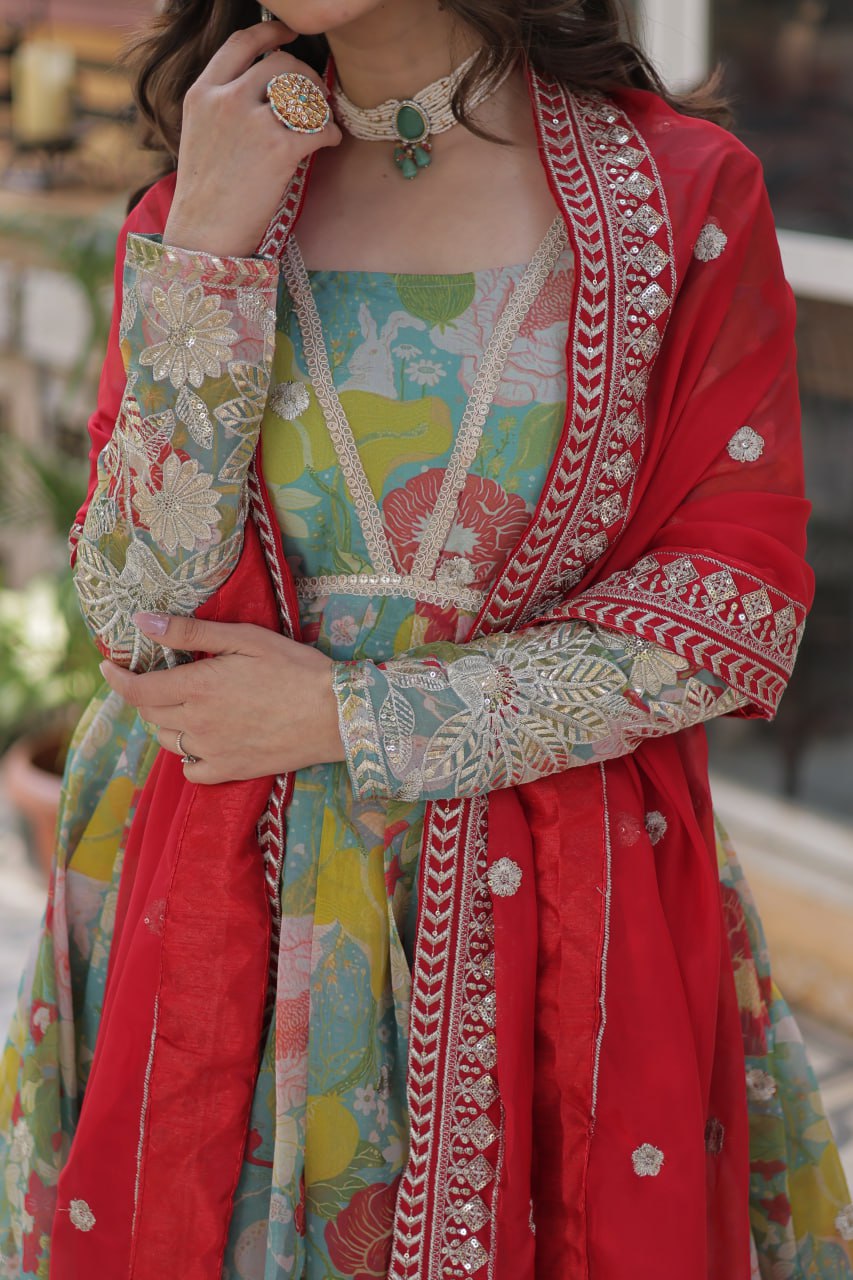 Digital Printed Russian silk With Foil Embroidery Zari Sequins-work Pista Green Color