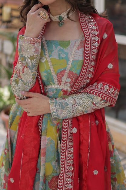 Digital Printed Russian silk With Foil Embroidery Zari Sequins-work Pista Green Color