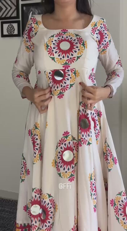 Majestic Moves: Moss Satin Silk Gown with Hand Mirror Work Dupatta
