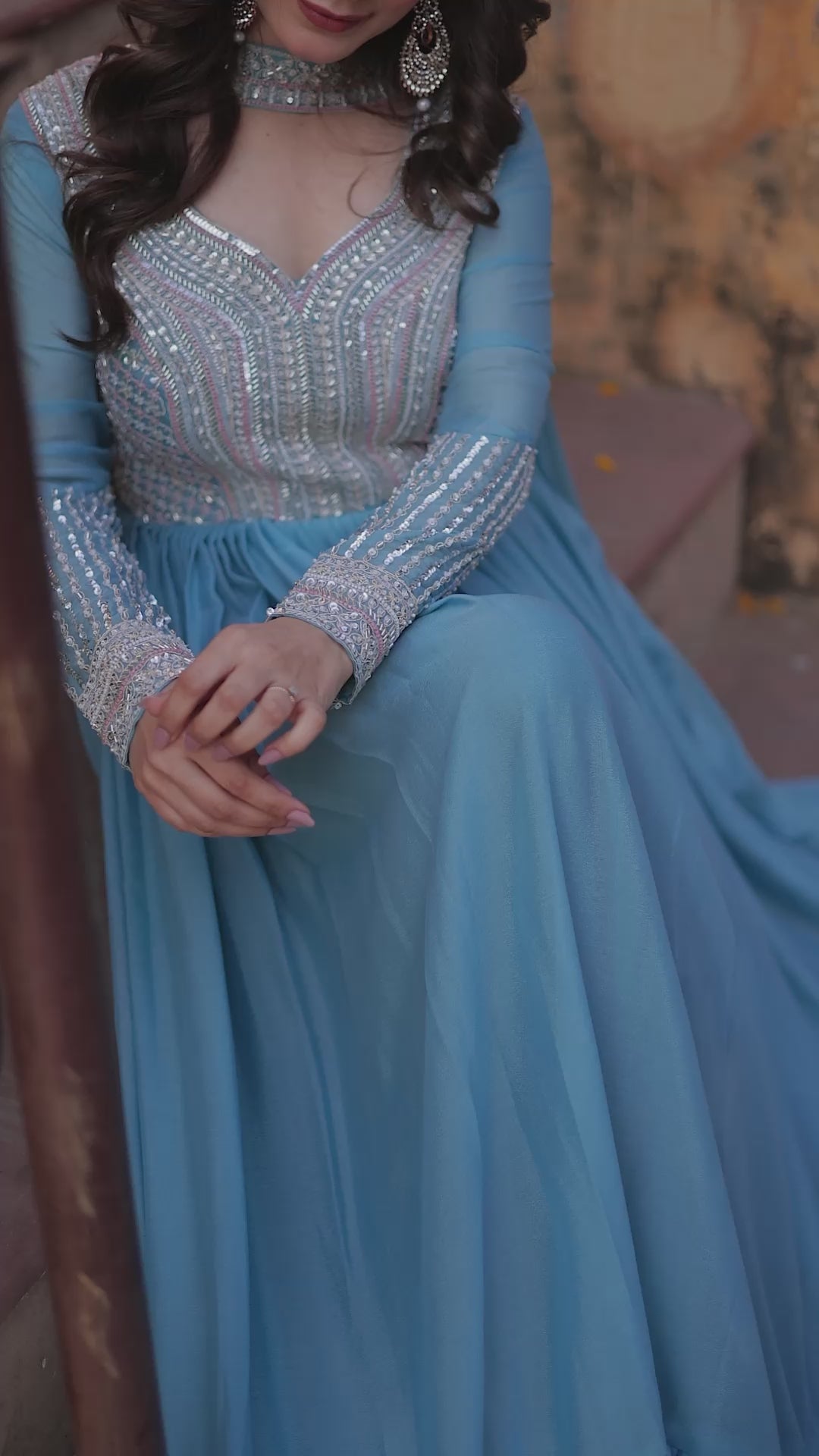 Star Georgette with Embroidery Beads Sequins Pieces Blue Color