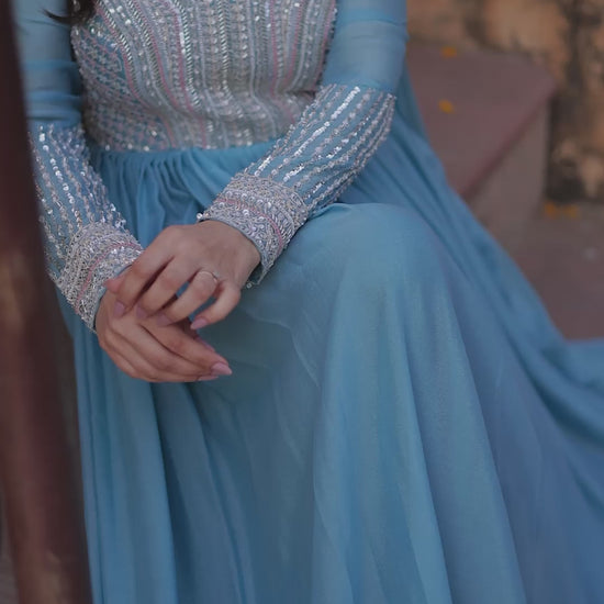 Star Georgette with Embroidery Beads Sequins Pieces Blue Color