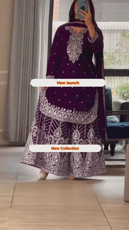 Ethnic Heavy Embroidered Chinon Silk Suit with Fancy Borders & Sharara Plazzo
