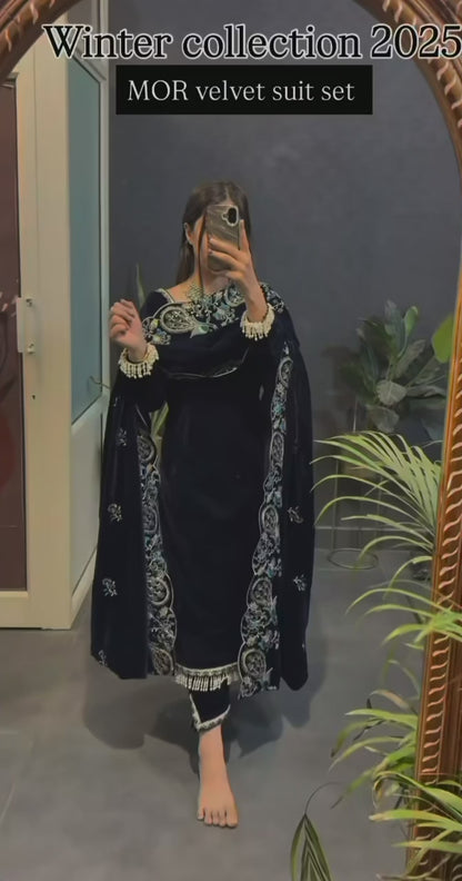 Party Wear Viscose Velvet Designer Suit with Heavy Sequin Embroidery