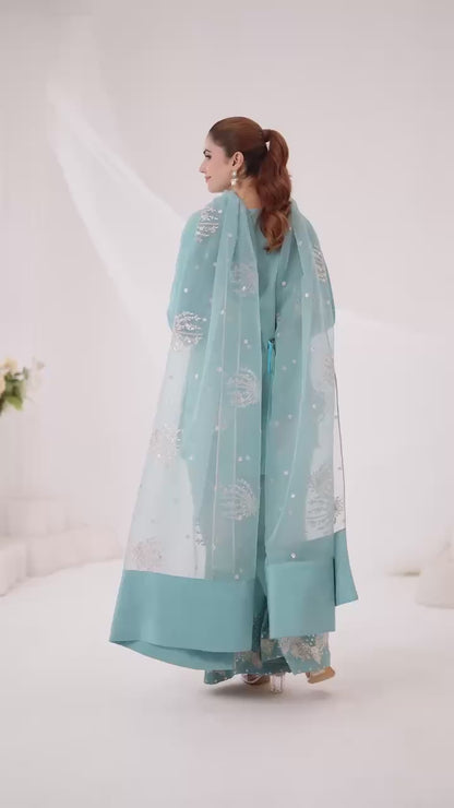 Teal Elegance: Embellished Suit with Sheer Dupatta and Graceful Traditional Charm