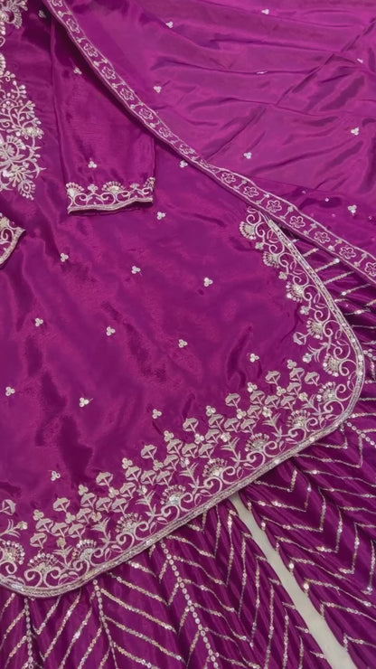 Ethnic Heavy Embroidered Chinon Silk Suit with Fancy Borders & Sharara Plazzo