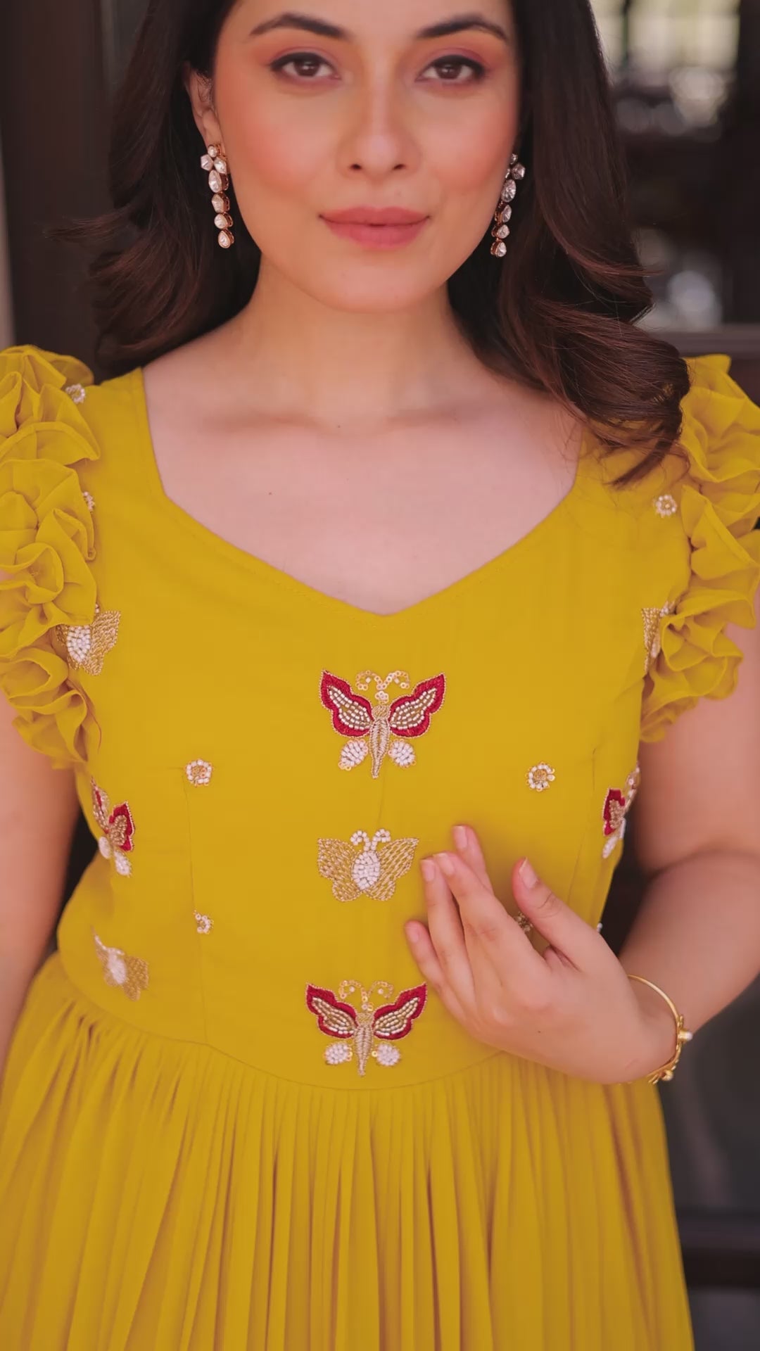 Multithreaded Beads Embroidery work mustard yellow colour gown