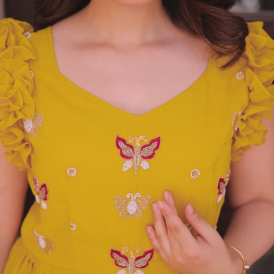 Multithreaded Beads Embroidery work mustard yellow colour gown