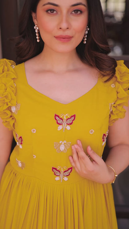 Multithreaded Beads Embroidery work mustard yellow colour gown