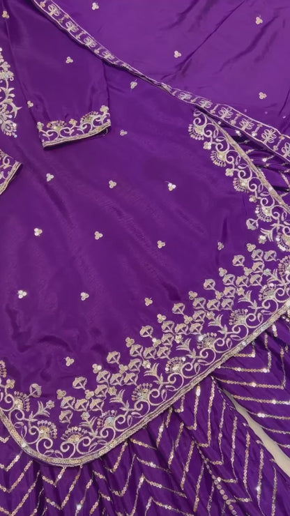 Ethnic Heavy Embroidered Chinon Silk Suit with Fancy Borders & Sharara Plazzo