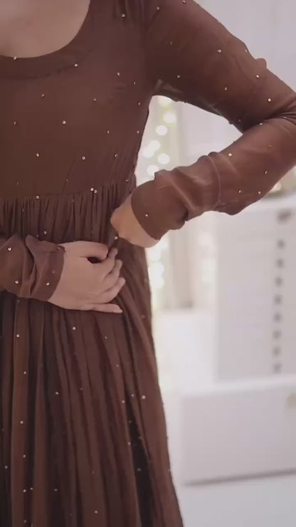 Royal Grace: Fully Stitched Moti Embellished Gown with Net Dupatta