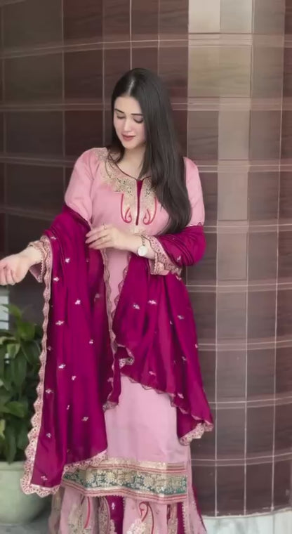 Women’s Designer Party Outfit – Top, Palazzo & Dupatta Set