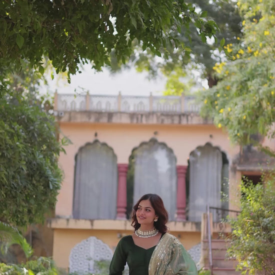 Shimmer Vichitra with Rich Sequins Embroidered work Green Color