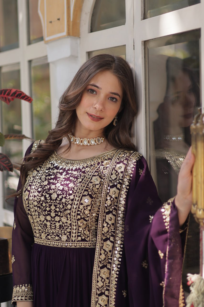 Function Wear Heavy Embroidery Zari Sequins Work Dark Purple Color Gown
