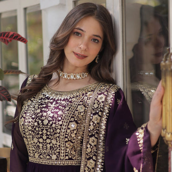 Function Wear Heavy Embroidery Zari Sequins Work Dark Purple Color Gown